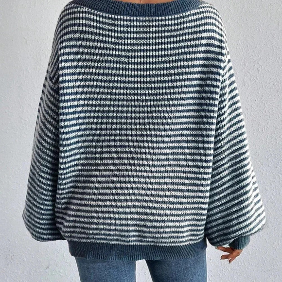 Blue Casual Womens Striped Pattern Drop Shoulder Sweater - Picture 2 of 5